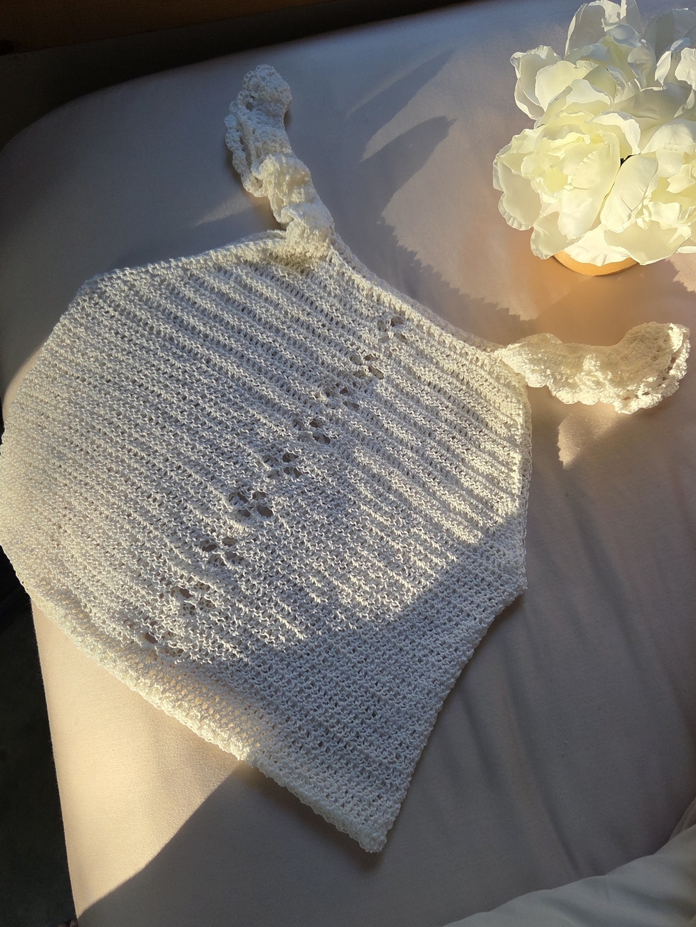 Hand Crafted Crochet Halter Top in Cream With Flowy Ruffle Sleeves | Juliete